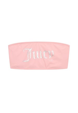 Rosa Stoffhaarband mit glatter Textur und funkelndem silbernen "Juicy"-Schriftzug in kursiver Schriftart, verziert mit Pailletten.