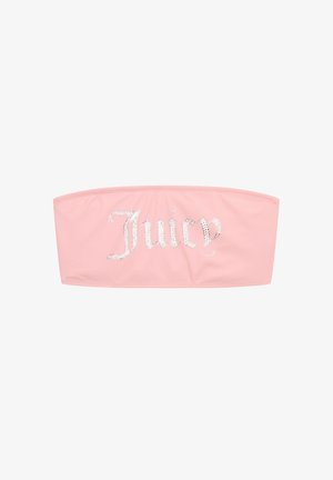 Bandeau en tissu rose présentant une texture lisse et un texte "Juicy" scintillant en police cursive, orné de paillettes.