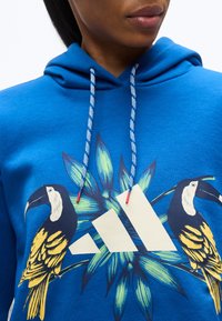 Zbliżenie na niebieską bluzę z kapturem z białym logo Adidas, dwoma żółto-czarnymi tukany oraz zielonymi tropikalnymi liśćmi na przodzie.