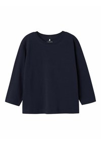 T-shirt a maniche lunghe di colore navy, realizzato in morbido cotone, con scollo rotondo e vestibilità ampia, caratterizzato da cuciture semplici all'orlo e ai polsini.