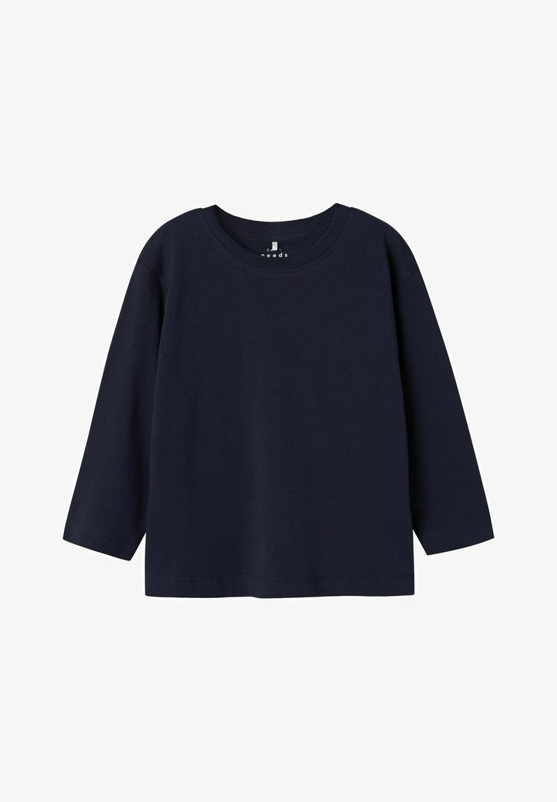 T-shirt a maniche lunghe di colore navy, realizzato in morbido cotone, con scollo rotondo e vestibilità ampia, caratterizzato da cuciture semplici all'orlo e ai polsini.