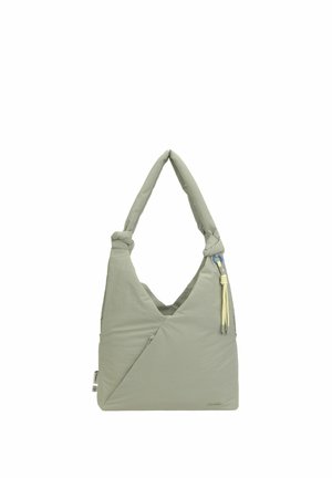 Sac à épaule gris clair matelassé avec des bretelles nouées et un cordon décoratif jaune avec un anneau bleu sur le côté.