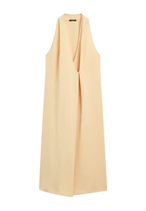 Ärmellose beige lange Weste mit tiefem V-Ausschnitt und einfachem Hakenverschluss vorne, aus glattem Stoff.