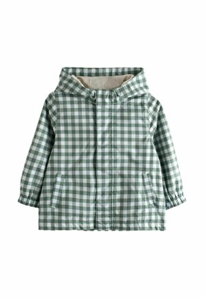 Grøn- og hvidternet hættejakke til børn med forlommer og elastiske manchetter på de lange ærmer.