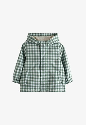 Grün-weiß kariertes Kapuzenjacke für Kinder mit Fronttaschen und elastischen Bündchen an den langen Ärmeln.