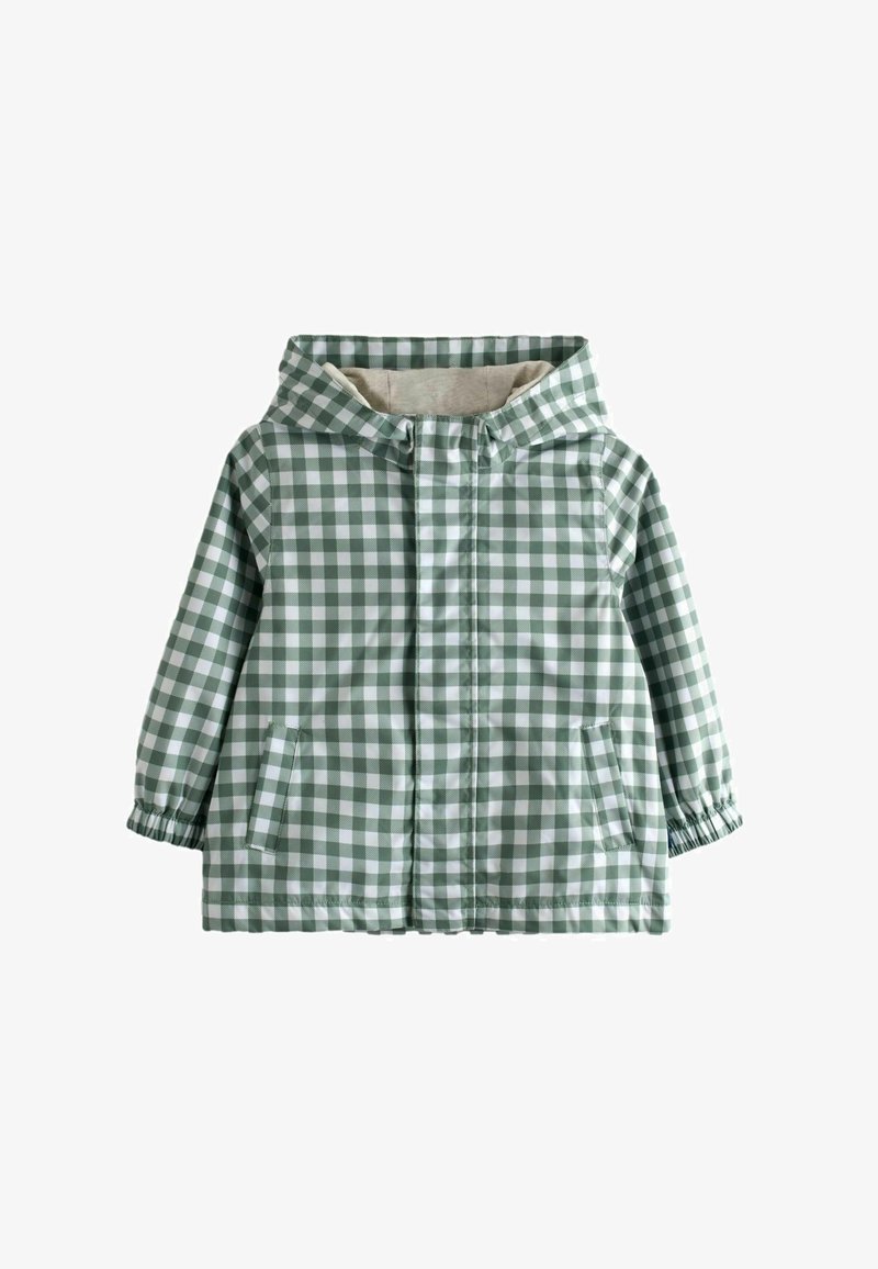Zielona i biała kurtka z kapturem w kratę dla dzieci, z przednimi kieszeniami i elastycznymi mankietami na długich rękawach.