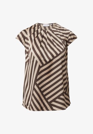 Brown and beige short-sleeve blouse with geometric diagonal stripe pattern and gathered pleats near the neckline.