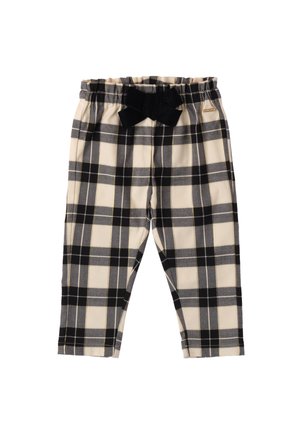 Pantaloni a quadri in beige, nero e grigio realizzati in un tessuto morbido. Presentano una vita elasticizzata e un accento a fiocco nero in vita.