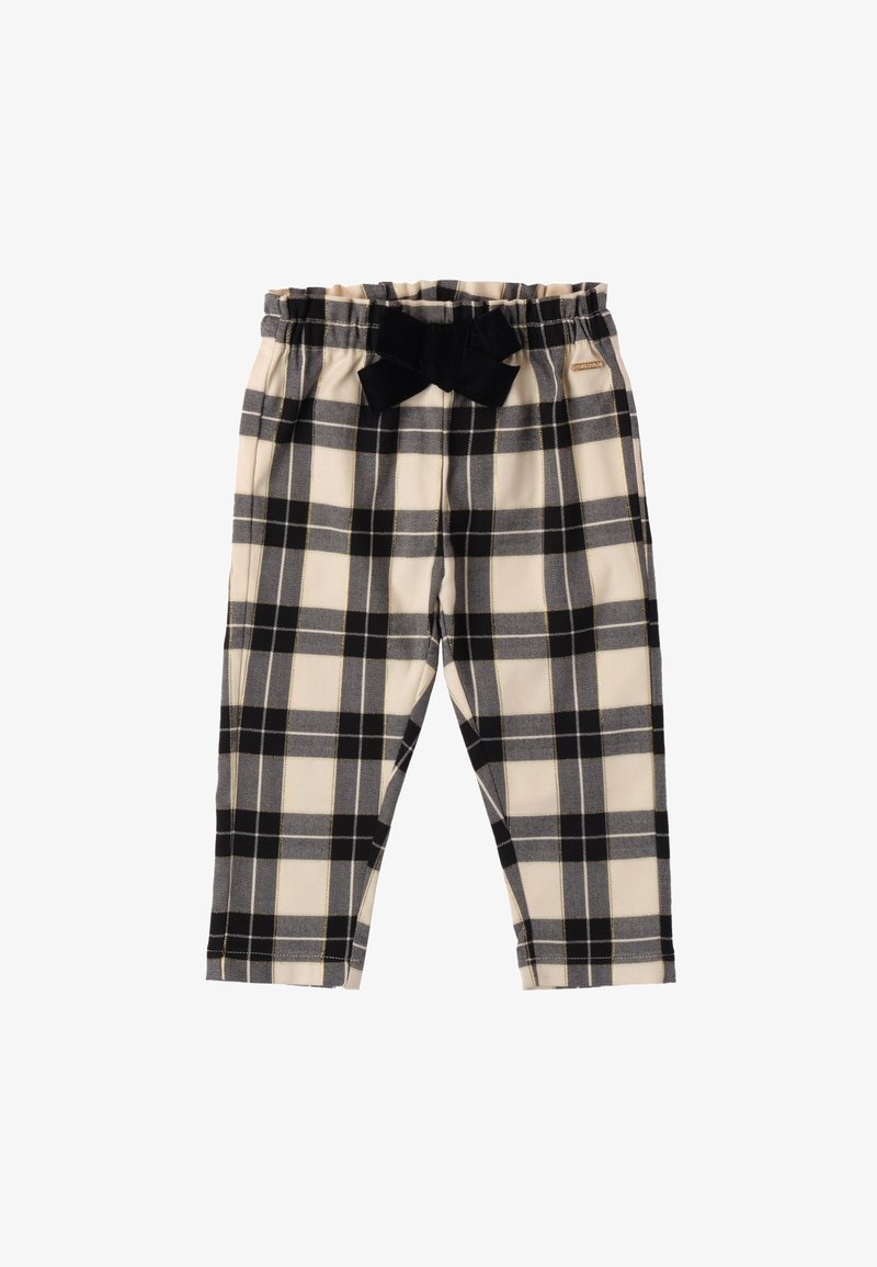 Pantalon à carreaux en beige, noir et gris avec un tissu doux. Il présente une taille élastique et un accent en forme de nœud noir au niveau de la taille.