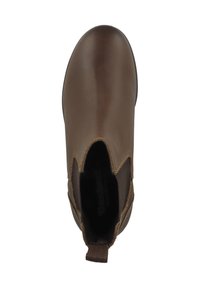 Brauner Lederstiefel mit elastischen Seitenpaneelen, rundem Zehenbereich und strukturiertem Obermaterial. Verfügt über eine Zuglasche für einfachen Zugang.