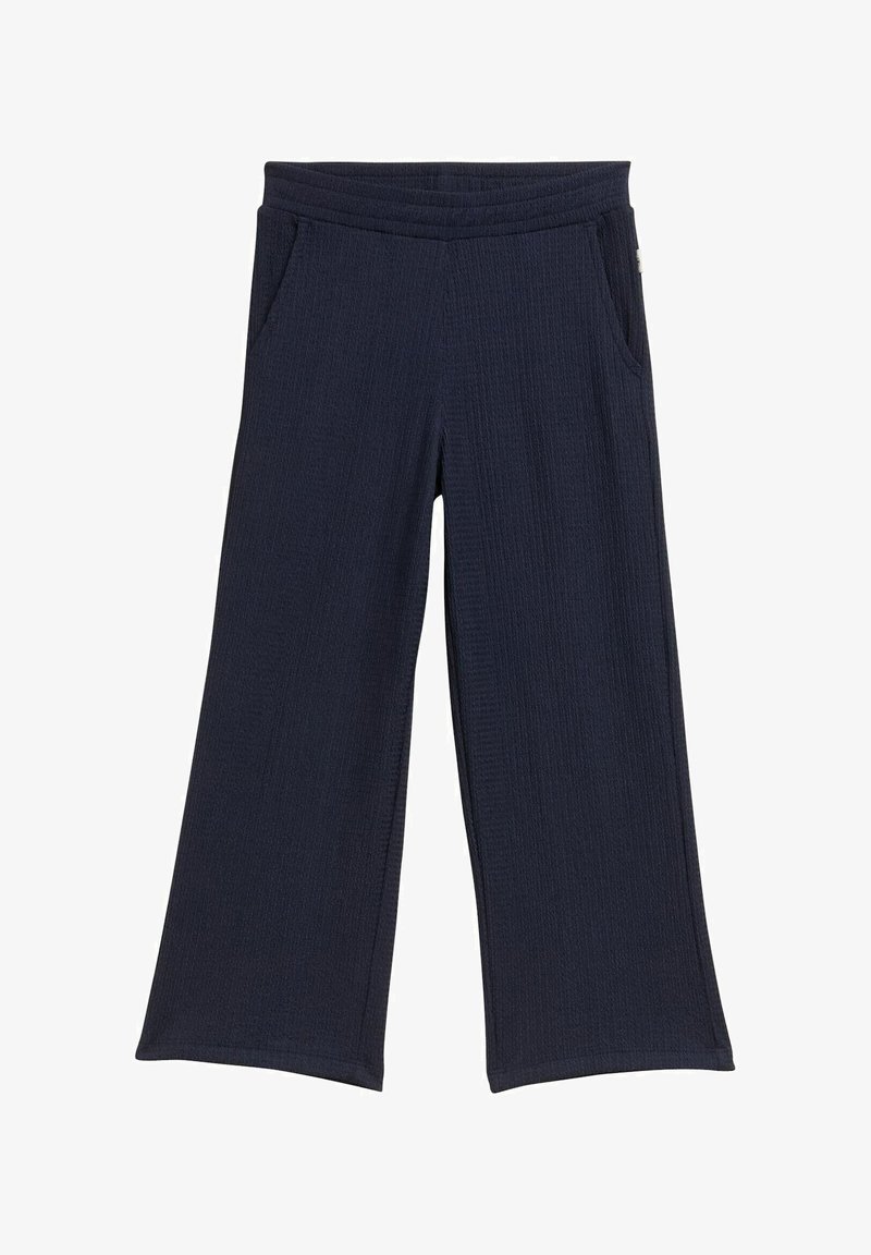 Marine blauwe wijde broek gemaakt van textuurstof met een elastische tailleband en twee zijzakken. Gladde afwerking zonder zichtbare patronen of accenten.