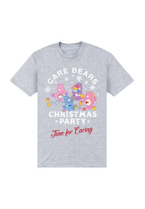 Szara bawełniana koszulka z kolorowymi bajkowymi niedźwiadkami, napisem "Care Bears Christmas Party" oraz ozdobnymi płatkami śniegu. Standardowy krój.