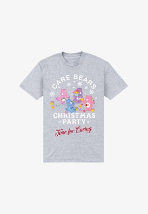 T-shirt in cotone grigio con orsi di cartone animato colorati, testo "Festa di Natale dei Care Bears" e stelle di neve decorative. Vestibilità standard.