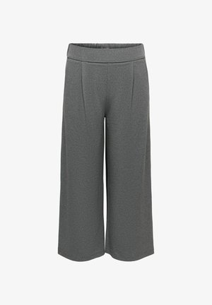 Grå culottes lavet af tekstureret stof med høj talje og to frontplisseringer, designet til en løs, afslappet pasform.