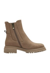 Brown suede ankle boots with side zippers, textured finish, chunky rubber sole, and pull tab at the back for easy wear.