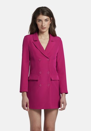 Double-breasted blazer in bright pink fabric, featuring a notched collar, long sleeves, and two front pockets. Smooth texture with contrasting buttons.