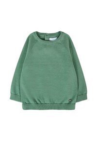 Pullover verde con collo rotondo, maniche lunghe a raglan, polsini e orlo a coste. Presenta un piccolo dettaglio del logo sul lato inferiore. Texture morbida.