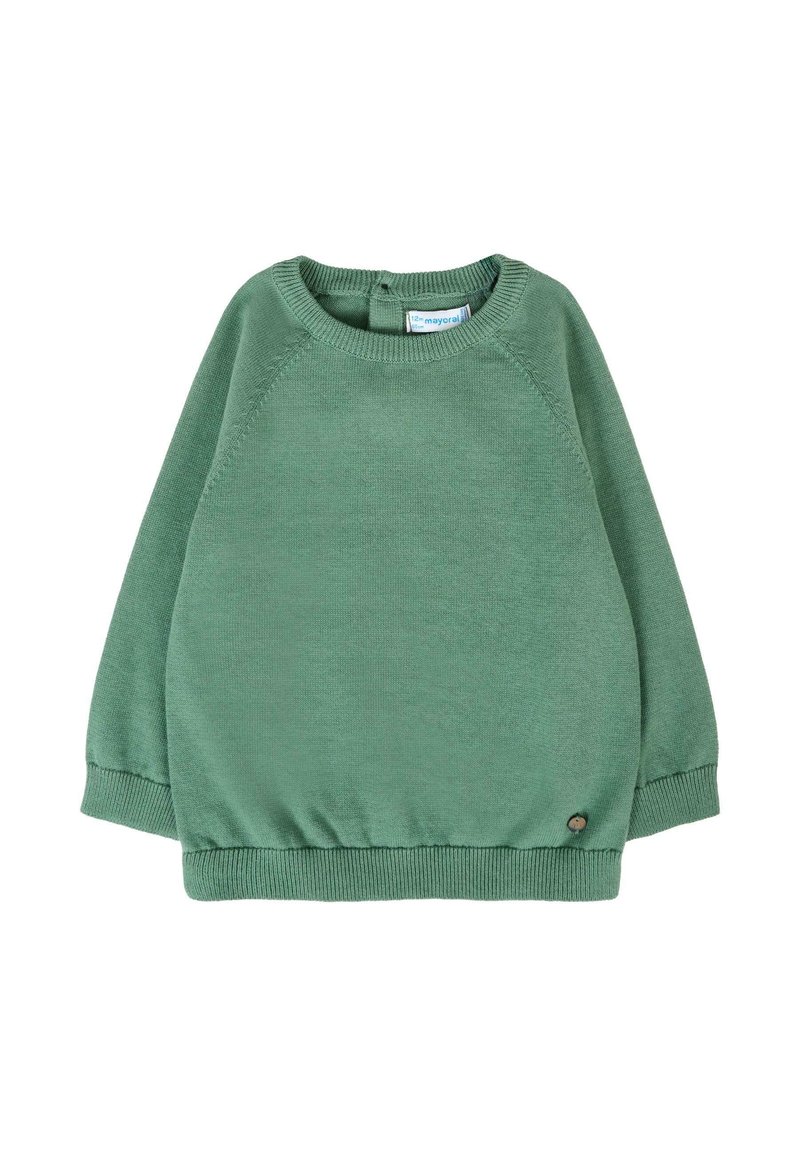 Pullover verde con collo rotondo, maniche lunghe a raglan, polsini e orlo a coste. Presenta un piccolo dettaglio del logo sul lato inferiore. Texture morbida.
