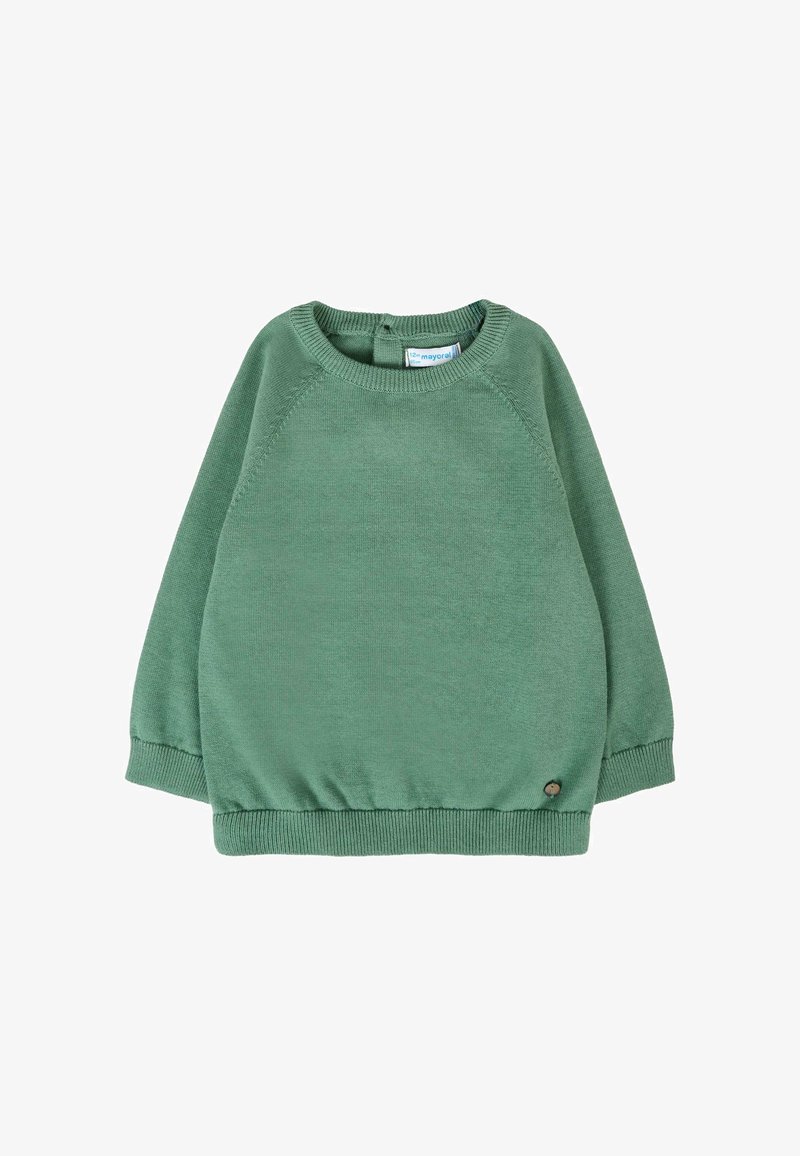 Pullover verde con collo rotondo, maniche lunghe a raglan, polsini e orlo a coste. Presenta un piccolo dettaglio del logo sul lato inferiore. Texture morbida.