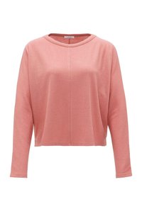 Langärmliger, cropped Pullover aus weichem pinken Stoff mit rundem Ausschnitt und dezenten Nahtdetails auf der Vorderseite.