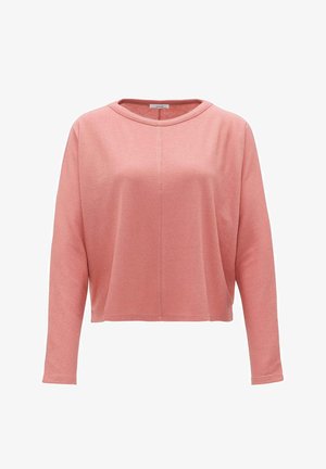 Pullover corto a maniche lunghe in morbido tessuto rosa con scollatura rotonda e dettagli delle cuciture discreti sulla parte anteriore.