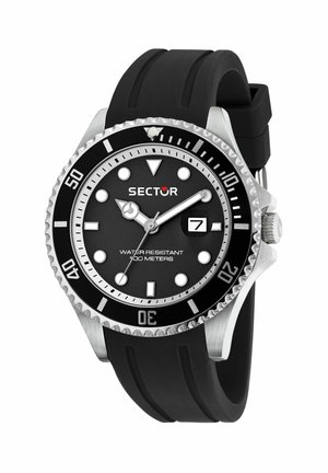 Orologio da polso Sector con quadrante nero, indici argentati, datario alle 3, cinturino in gomma nero e ghiera girevole con scala di 50 minuti.