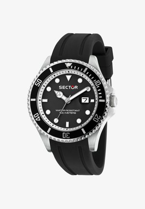 Orologio da polso Sector con quadrante nero, indici argentati, datario alle 3, cinturino in gomma nero e ghiera girevole con scala di 50 minuti.