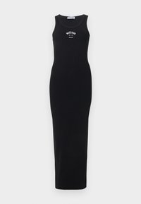 Μαύρο αμάνικο μακρύ εφαρμοστό φόρεμα με στρογγυλή λαιμόκοψη και λευκό λογότυπο "Moschino Jeans 86-23" στο στήθος.