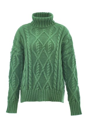 Grüner gestrickter Pullover mit hohem Rollkragen, Kabelmuster, langen Ärmeln sowie gerippten Bündchen und Saum. Dicker, strukturierter Stoff.