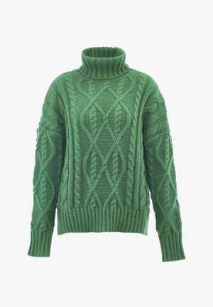 Maglione verde lavorato a maglia con colletto alto a fidanzata, motivi a treccia, maniche lunghe e polsini e orlo a costine. Tessuto spesso e strutturato.