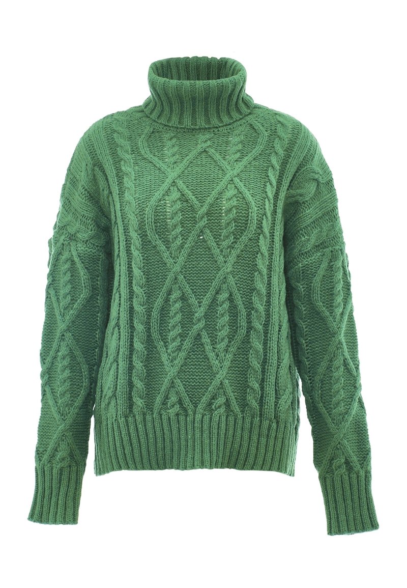 Maglione verde lavorato a maglia con colletto alto a fidanzata, motivi a treccia, maniche lunghe e polsini e orlo a costine. Tessuto spesso e strutturato.