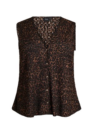Ärmellose Bluse zum Knöpfen mit braun-schwarzem Leopardenmuster und V-Ausschnitt, Marke Zizzi, Größe M.