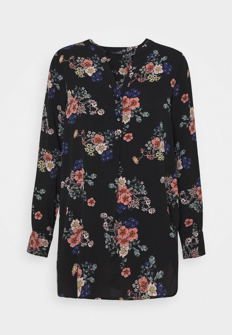 Blouse noire à manches longues avec un motif floral en rose, bleu et vert, avec un décolleté en V et des boutons sur le devant.