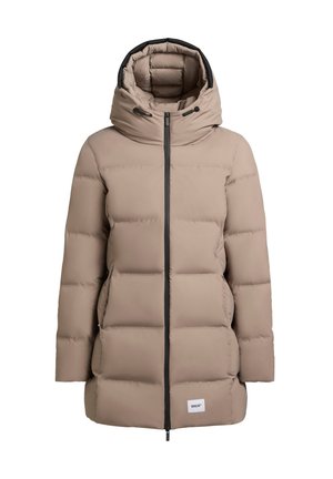 Beige gewatteerde winterjas met een hoge kraag, een rits aan de voorkant en twee zijzakken. Voorzien van een merklabel aan de onderkant.