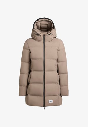 Beige gewatteerde winterjas met een hoge kraag, een rits aan de voorkant en twee zijzakken. Voorzien van een merklabel aan de onderkant.