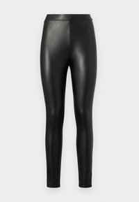 Zwarte nep leren leggings met een gladde uitstraling, hoge tailleband en strakke pasvorm, ontworpen voor een gestroomlijnde silhouette.