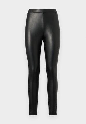 Leggings de imitación cuero negros con una textura suave, cinturilla alta y ajuste ceñido, diseñados para una silueta estilizada.