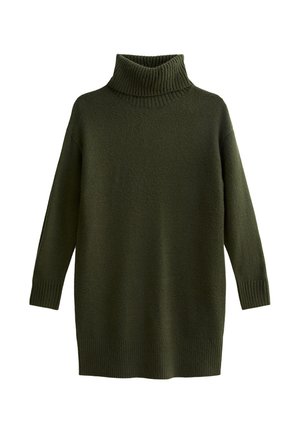Gebreide, oversized, donkergroene turtleneck trui met geribde manchetten en kraag; zacht textuur, heuplange ontwerp.
