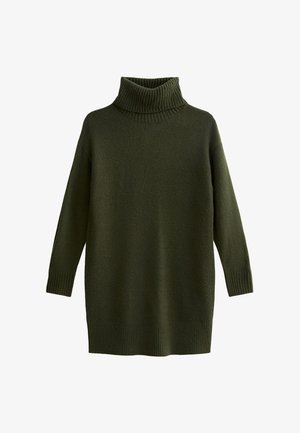 Stickad, överdimensionerad, mörkgrön polotröja med ribbade mudd och krage; mjuk textur, höftlång design.