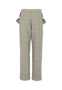 Pantalons en tweed gris avec une coupe droite, présentant un motif pied-de-poule subtil et des liens sur les côtés à la taille. Deux poches arrière.