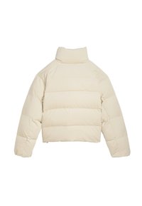 Utskuren pufferjacka, beige kordfläsktextur, hög krage, horisontell quiltad mönster, breda ärmar, ingen synlig hårdvara eller detaljer.