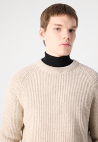 Beige bordázott kötött pulóver kerek nyakkal, textúrált anyagból, fekete garbó fölött viselve, sima fehér háttér előtt.