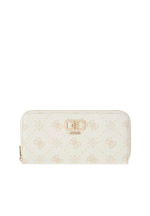 Portefeuille Guess couleur crème avec fermeture éclair sur tout le tour, logo doré et branding subtil avec un motif répété.