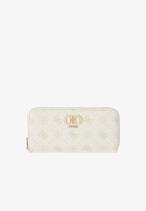 Portefeuille Guess couleur crème avec fermeture éclair sur tout le tour, logo doré et branding subtil avec un motif répété.