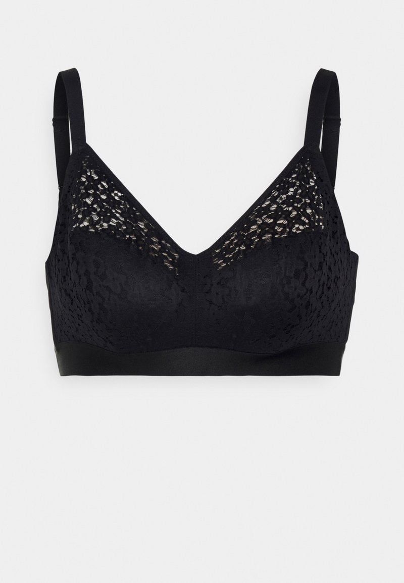 Svart bh laget av blonder og glatt stoff. Har V-hals, justerbare stropper og en bred elastisk under busten for støtte.