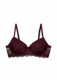 Burgundowa biustonosz z drucikami, z gładkimi satynowymi miseczkami i koronkowymi detalami na obwodzie, regulowane ramiączka oraz falbanka z koronki.