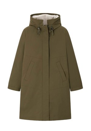 Olivgrüner Kapuzenmantel mit einem weichen weißen Innenfutter, ausgestattet mit zwei Seitentaschen und einem geraden Schnitt. Hergestellt aus einem glatten, leichten Material.