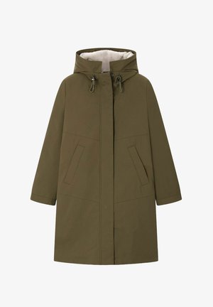 Olive green hooded coat with a plush white lining, featuring two side pockets and a straight cut design. Made from a smooth, lightweight material.