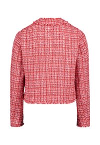 Czerwony żakiet z tweedu z falbanistym kołnierzem, długimi rękawami, krótkim krojem oraz teksturowanym wzorem z białymi i różowymi niciami.