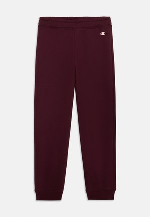 Calças de moletom bordô com cintura elástica e punhos, feitas de um tecido macio. Apresenta um pequeno logo no quadril esquerdo.